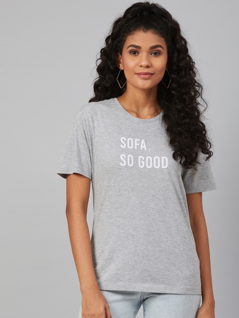 

Marks & Spencer Women Grey Melange & White Typography Printed Round Neck T-shirt
