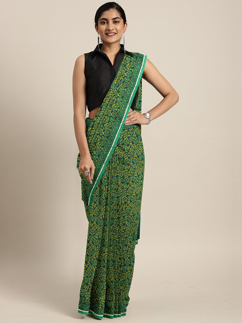 

KALINI Navy Blue & Green Pure Chiffon Printed Saree