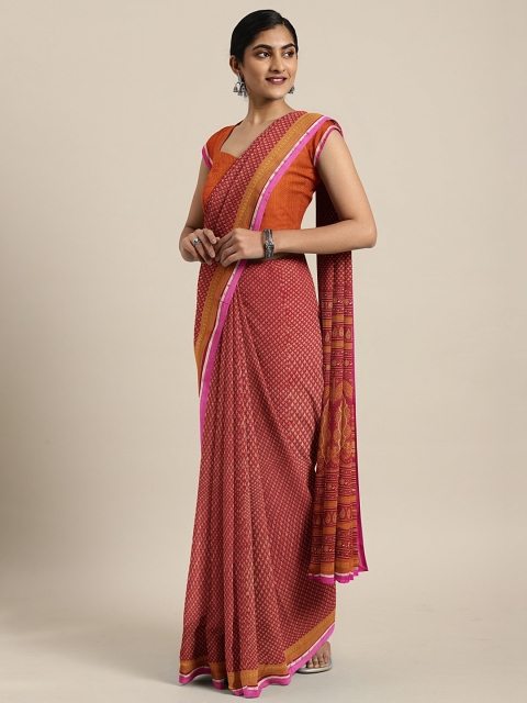 

KALINI Rust Red & Gold-Toned Pure Chiffon Printed Saree