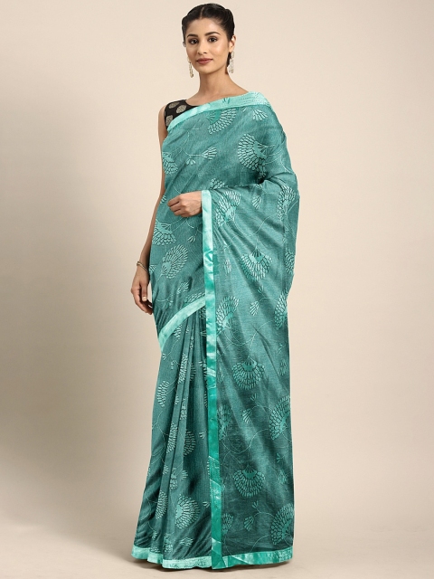 

KALINI Teal Blue Printed Poly Silk Saree with Embellished Border