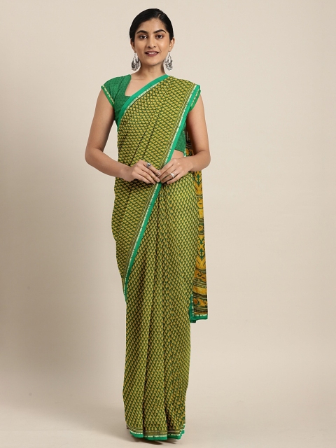 

KALINI Olive Green & Mustard Yellow Floral Pure Chiffon Printed Saree