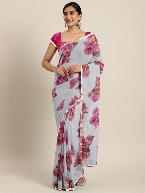 

KALINI Grey & Pink Poly Chiffon Floral Printed Saree