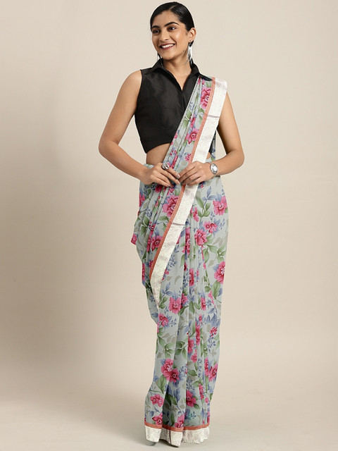 

KALINI Off-White & Red Pure Georgette Floral Printed Saree