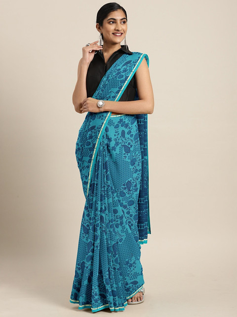 

KALINI Blue Floral Printed Pure Chiffon Saree