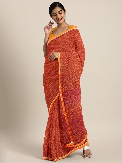 

KALINI Rust Red & Orange Pure Chiffon Printed Saree