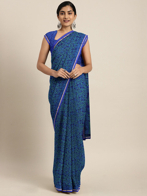

KALINI Blue Floral Printed Pure Chiffon Saree