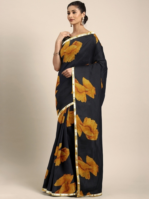 

KALINI Black & Mustard Yellow Poly Chiffon Floral Printed Saree