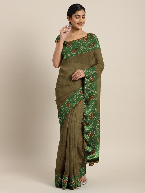 

KALINI Brown & Olive Green Pure Chiffon Checked Saree