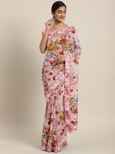 

KALINI Pink & Red Pure Georgette Floral Printed Saree