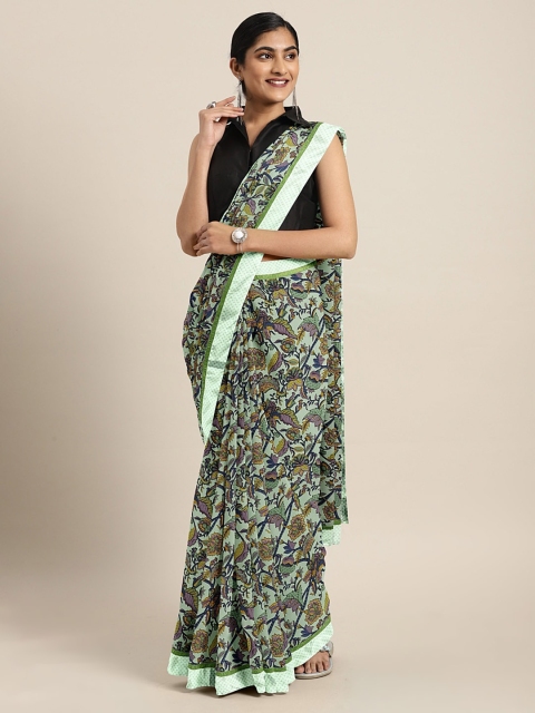 

KALINI Sea Green & Navy Blue Pure Georgette Floral Printed Saree