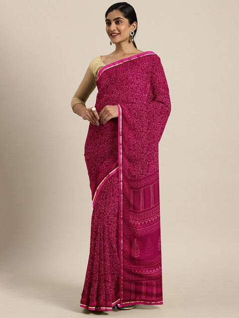 

KALINI Pink Floral Printed Pure Chiffon Saree