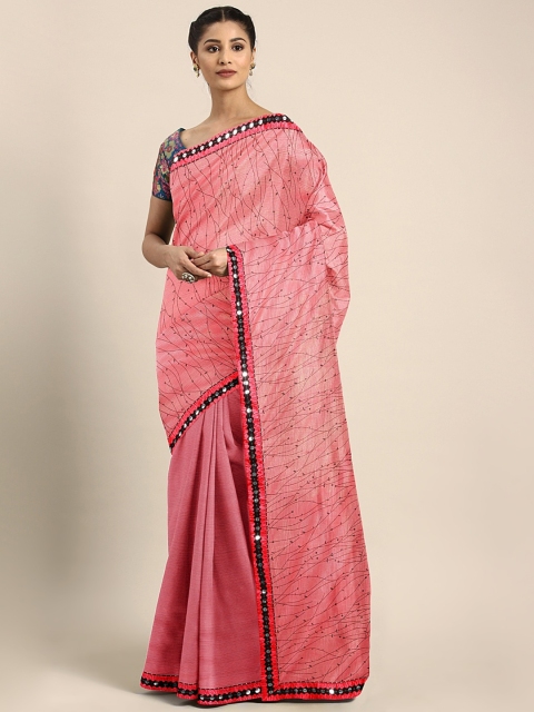 

KALINI Coral Pink & Brown Poly Silk Printed Saree