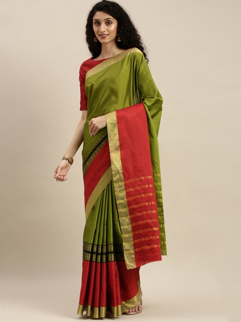 

KALINI Olive Green & Red Poly Silk Woven Design Saree