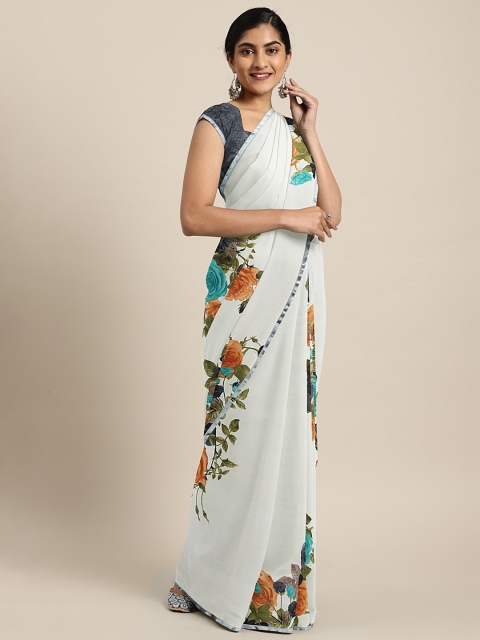 

KALINI White & Grey Floral Printed Poly Georgette Saree