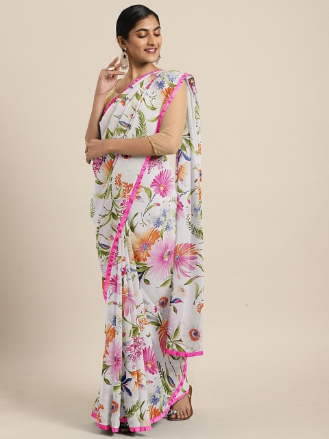 

KALINI White & Pink Poly Georgette Floral Printed Saree