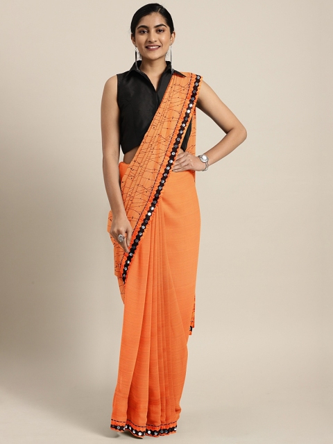 

KALINI Orange Solid Poly Silk Saree