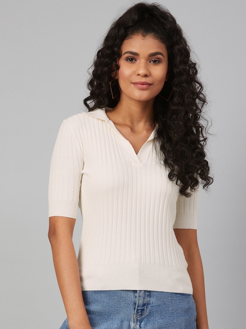 

Marks & Spencer Women Off-White Ribbed Fitted Top