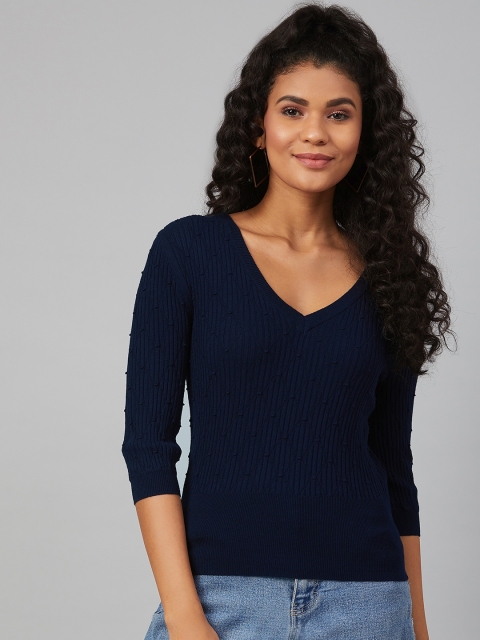 

Marks & Spencer Women Navy Blue Ribbed Fitted Top
