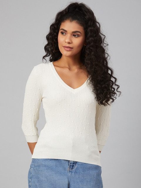 

Marks & Spencer Women Cream-Coloured Self Design Fitted Top