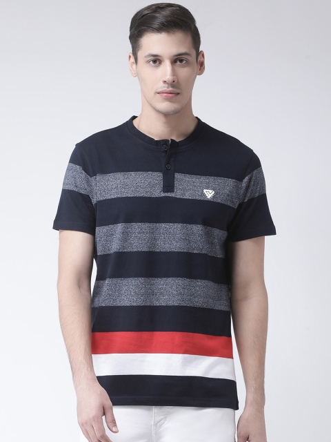 

Club York Men Navy Blue & Red Striped Henley Neck T-shirt