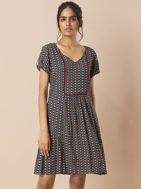 

INDYA Women Navy Blue & Red Printed A-Line Dress