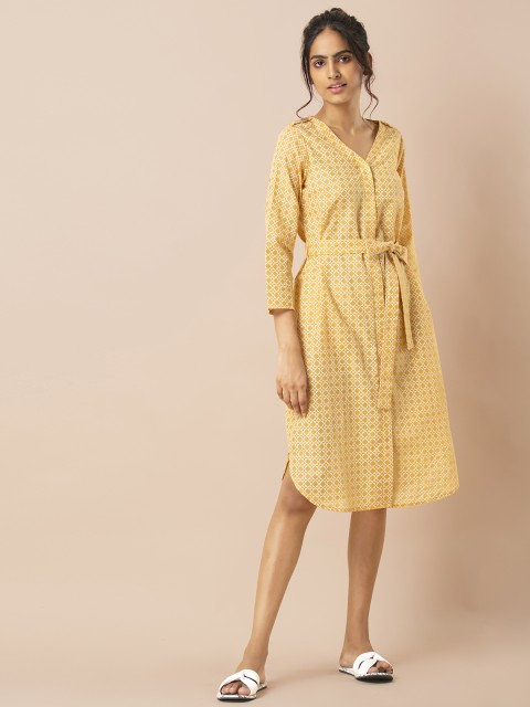 

INDYA Women Yellow & White Printed Shirt Dress