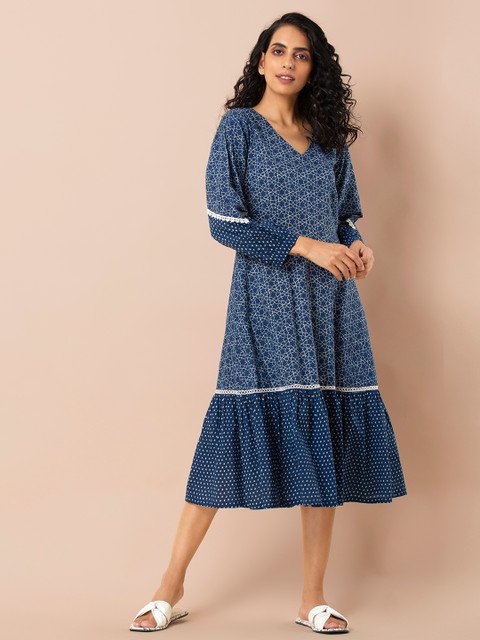 

INDYA Women Navy Blue Printed A-Line Dress