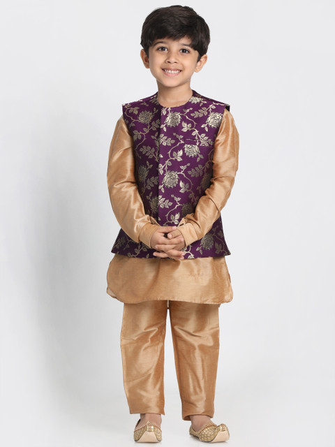 

JBN Creation Boys Gold-Toned & Purple Solid Kurta with Pyjamas & Jacket