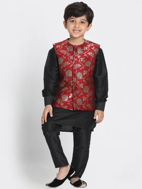 

JBN Creation Boys Black & Red Woven Design Kurta with Pyjamas & Nehru Jacket