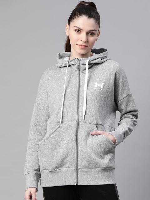 

UNDER ARMOUR Women Grey Melange Rival Fleece Full Zip Solid Hooded Training Sweatshirt