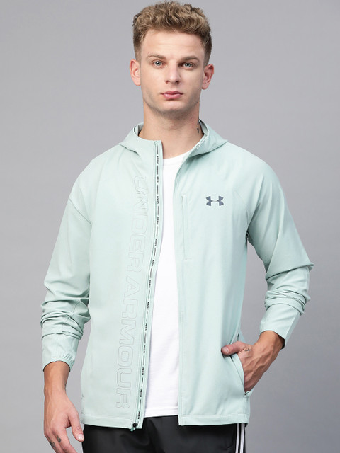 

UNDER ARMOUR Men Sea Green Logo Print Detail Hooded Qualifier Outrun The Storm Jacket