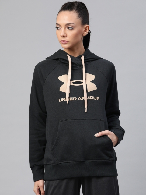 

UNDER ARMOUR Women Black & Dusty Pink Rival Fleece Brand Logo Hoodie Sweatshirt