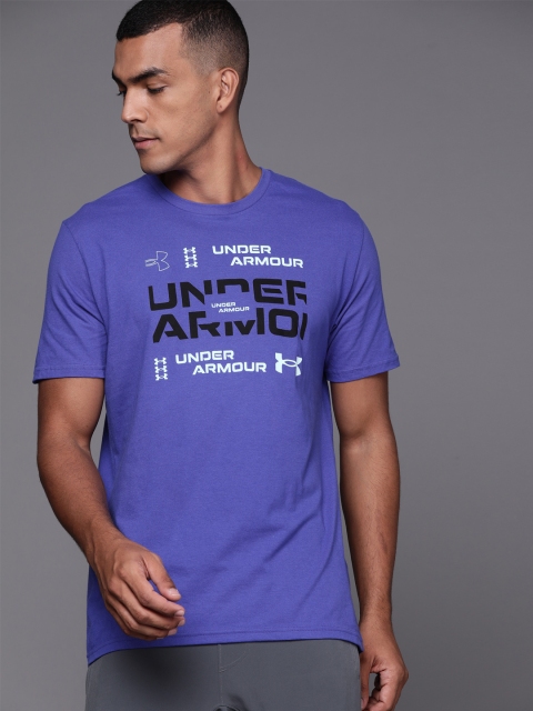 

UNDER ARMOUR Men Blue & Black Brand Logo Print Grid Short Sleeves T-Shirt