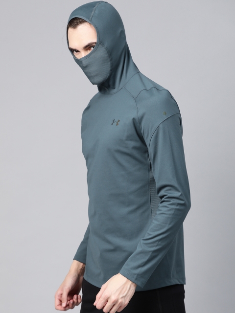 

UNDER ARMOUR Men Teal Blue Slim Fit ColdGear 2.0 Hoodie T-shirt