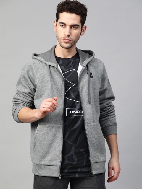 

UNDER ARMOUR Men Grey Melange UA Rival FZ Solid Hooded Sports Sweatshirt