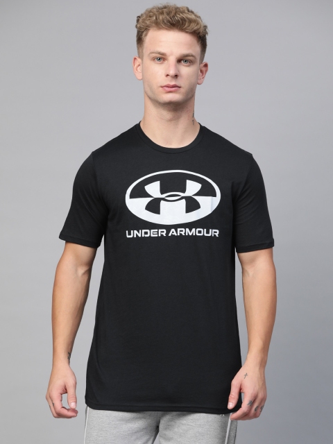 

UNDER ARMOUR Men Black & White Brand Logo Print Locker Tag Wordmark Sports T-shirt