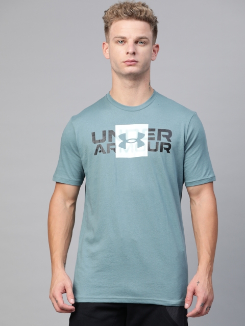 

UNDER ARMOUR Men Blue & Black Loose Fit Box Logo Wordmark Short Sleeve T-shirt