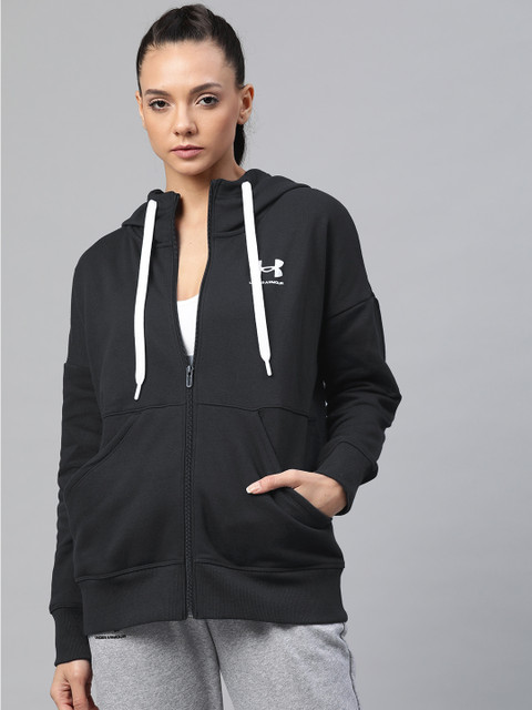 

UNDER ARMOUR Women Black Solid Rival Fleece Full Zip Hoodie Sweatshirt