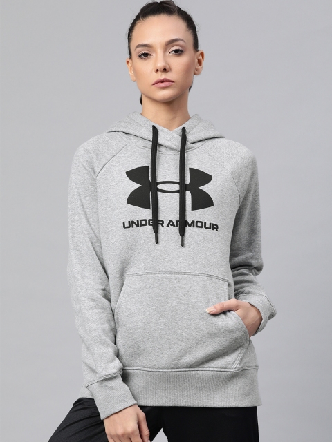 

UNDER ARMOUR Women Grey Melange & Black Rival Fleece Brand Logo Hoodie Sweatshirt