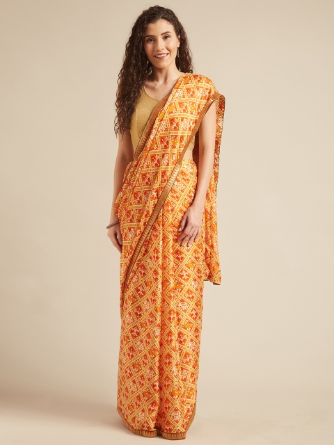 

Tikhi Imli Orange & Yellow Poly Crepe Printed Ikat Saree