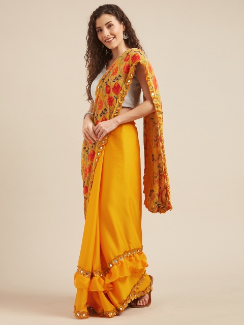 

Tikhi Imli Mustard Yellow Floral Printed Ruffled Brasso Saree