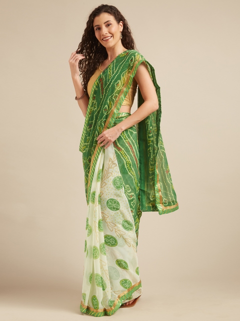 

Tikhi Imli Off-White & Green Poly Georgette Printed Half and Half Saree