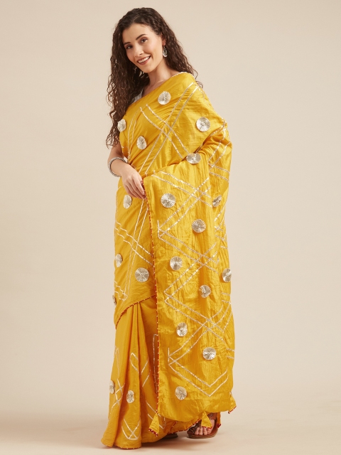 

Tikhi Imli Yellow Woven Design Poly Crepe Saree with Gotta Patti Embroidery