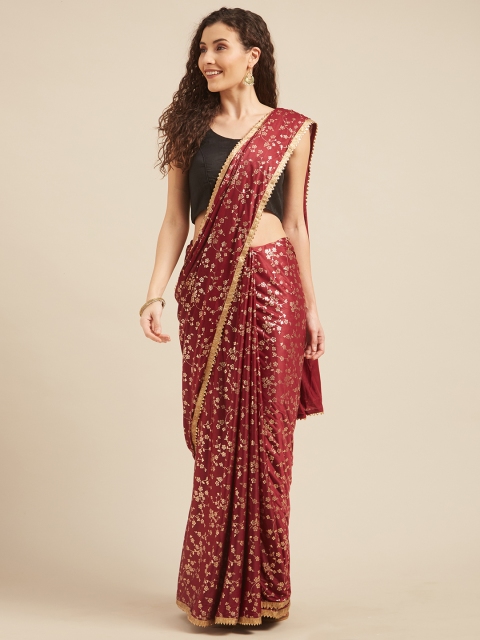 

Tikhi Imli Maroon & Gold-Coloured Poly Crepe Foil Printed Saree