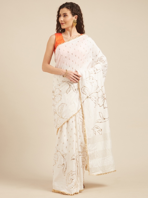 

Tikhi Imli Off-White & Gold-Toned Foil Printed Poly Crepe Saree