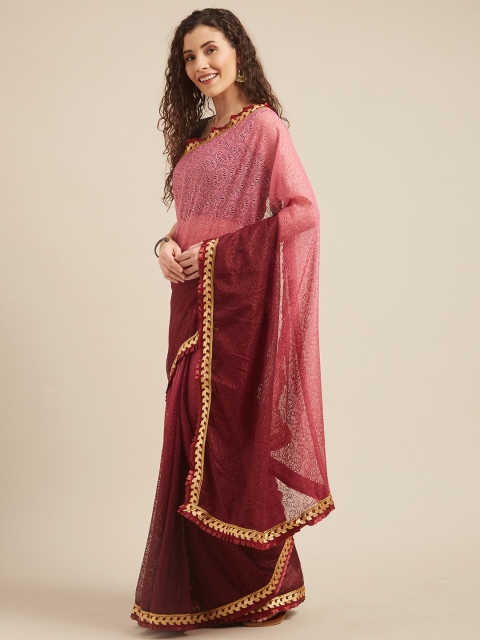 

Tikhi Imli Maroon & Beige Poly Crepe Woven Design Saree