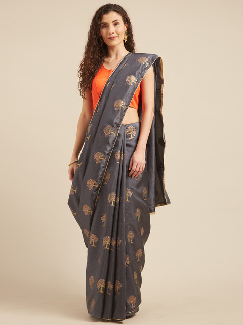 

Tikhi Imli Grey & Gold-Coloured Poly Crepe Printed Saree