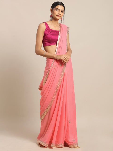 

Geroo Jaipur Pink Gota Patti Hand Embroidered Pure Georgette Sustainable Saree