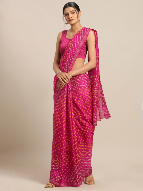 

Geroo Jaipur Pink & Yellow Art Silk Printed Bandhani Saree
