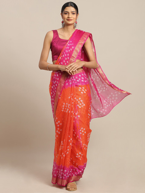 

Geroo Jaipur Orange & Pink Art Silk Dyed Bandhani Saree